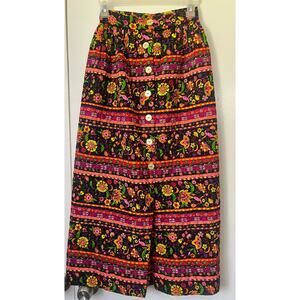 Vintage 60’s 70s Flower Power Black Neon Pink Quilted Maxi Skirt XS Small Hippie